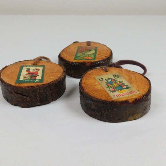 3 Handmade 2.5" Wood Round Christmas Ornaments w/Postage Stamps Hanging Unique - Picture 8 of 8